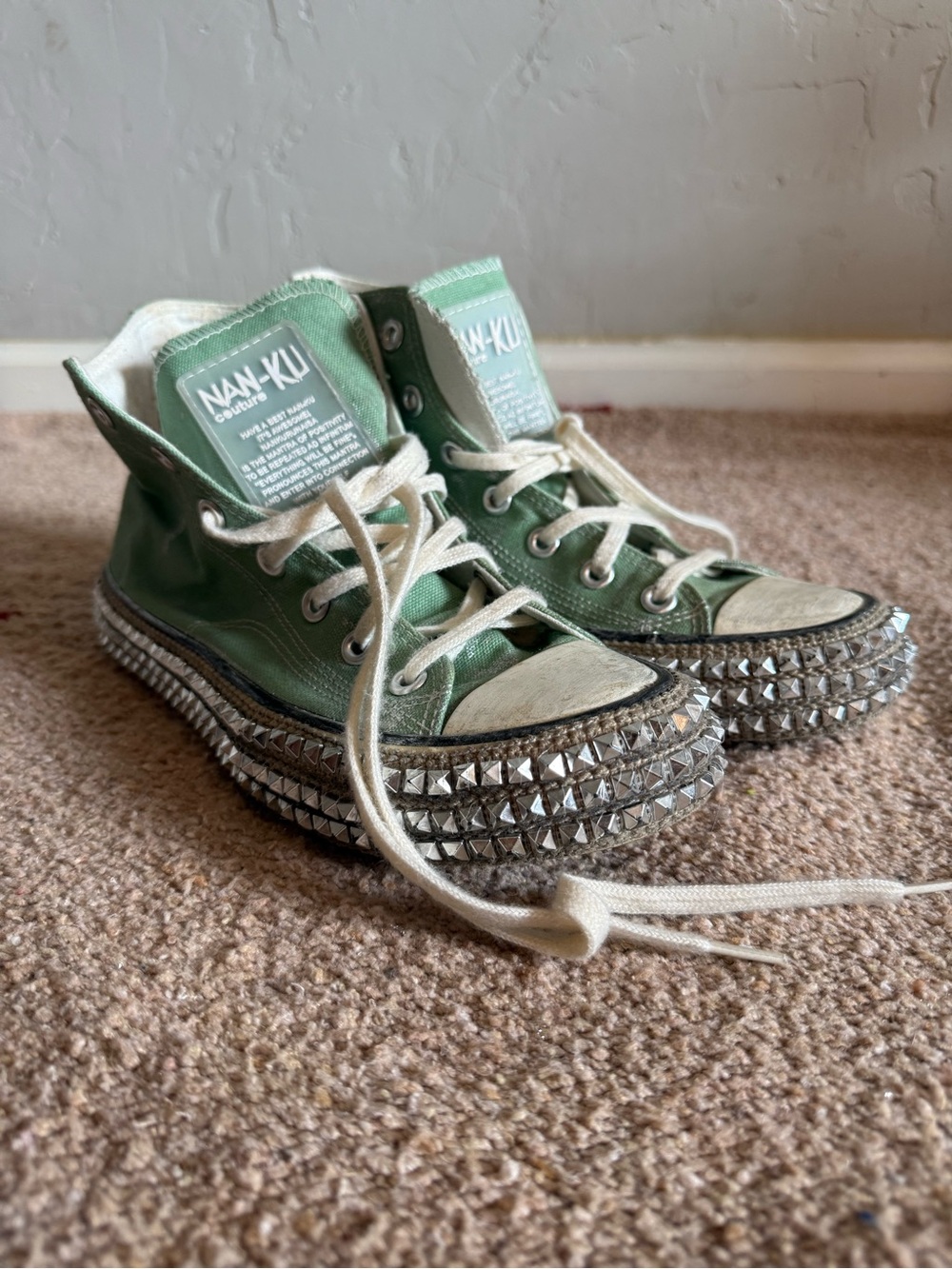 NAN-KU Green Canvas High-Top Studded Platform Sneakers